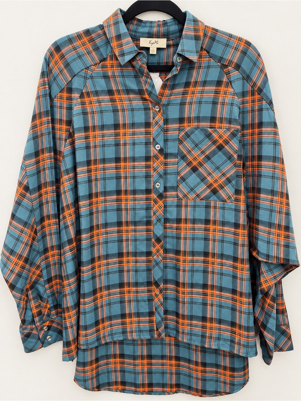 Kensie Women’s Blue & Orange Plaid Button-Down Shirt